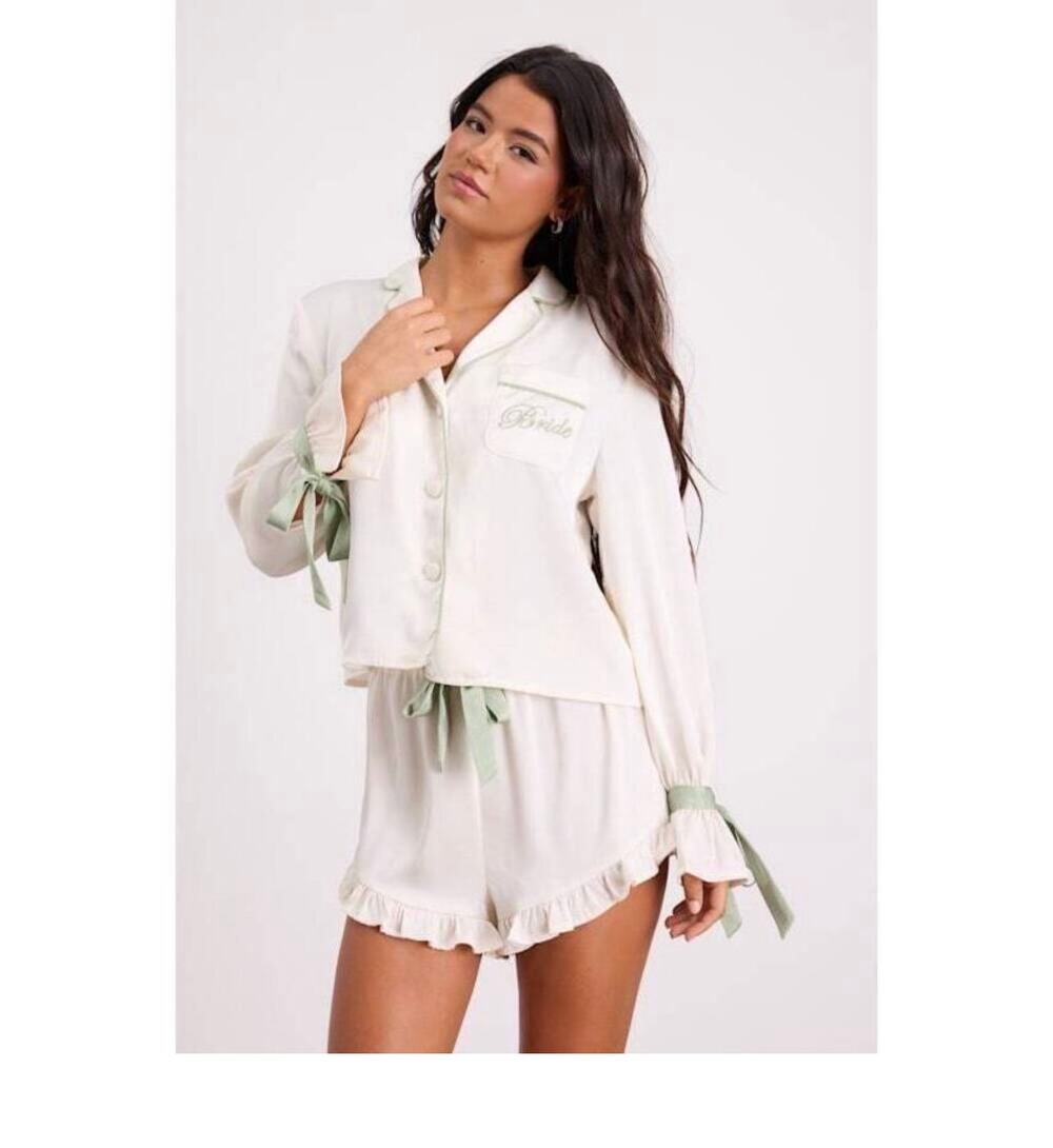 NWT Kelda Ivory and Mint Satin Embroidered Two-Piece Pajama Set Bride Pajama Set